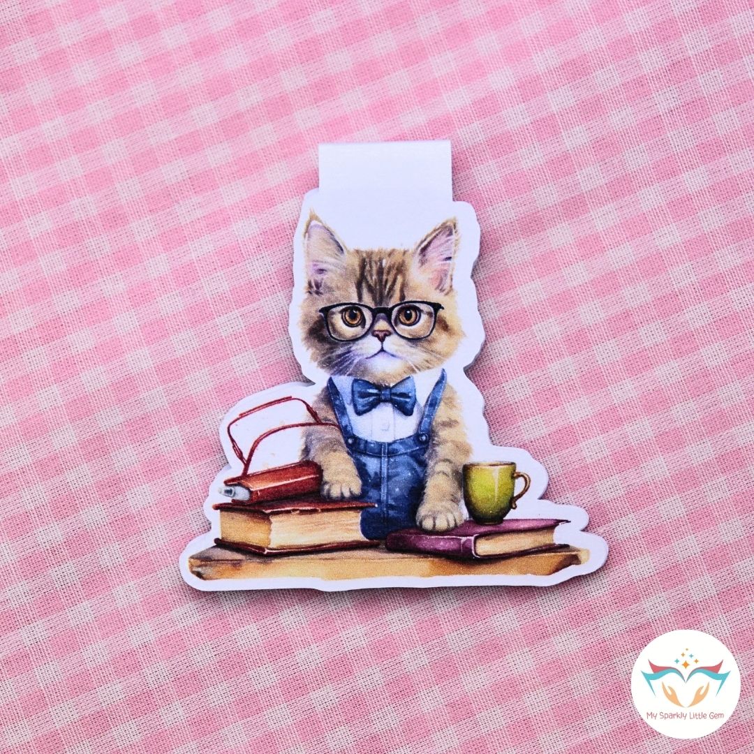 Cat with Books Magnetic Bookmark