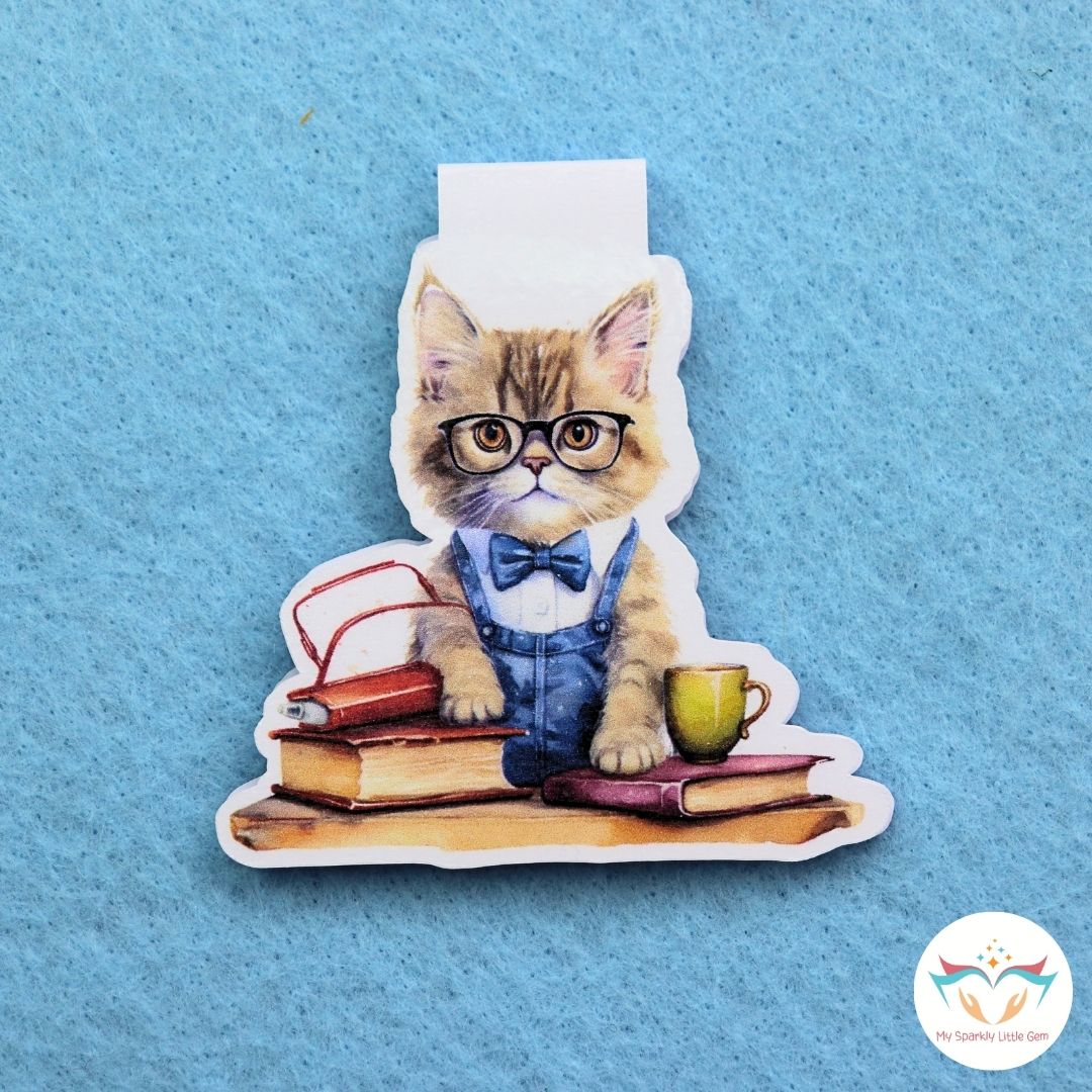 Cat with Books Magnetic Bookmark